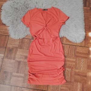 New Coral Twist Cutout Ruched T-shirt Dress